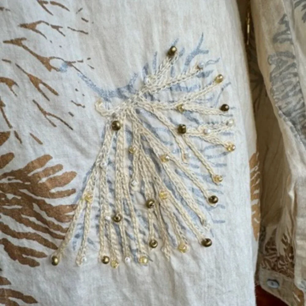 Beige With Beaded Shimmery Coral Print Beach Cover Up - Picture 7 of 12